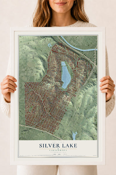 Map of Silver Lake, California, 18 x 24 inch print in a white wood frame