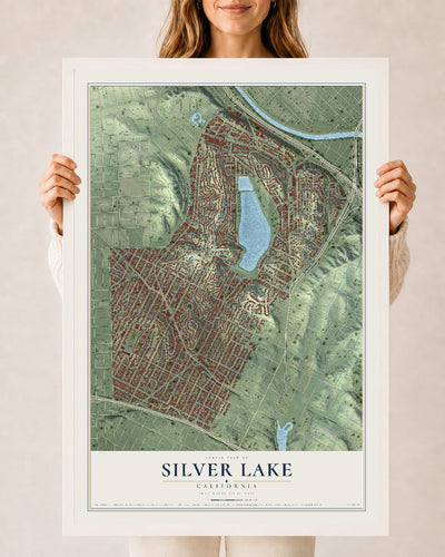 Map of Silver Lake, California, 24 x 36 inch print in a white wood frame