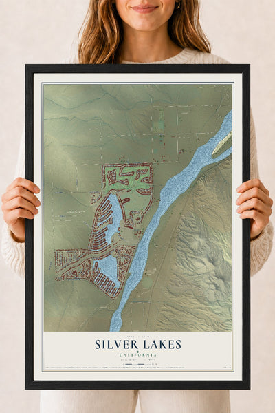 Map of Silver Lakes, California, 18 x 24 inch print in a black wood frame