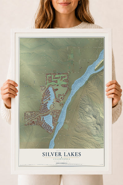 Map of Silver Lakes, California, 18 x 24 inch print in a white wood frame