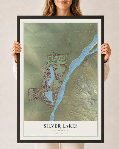 Map of Silver Lakes, California, 24 x 36 inch print in a black wood frame