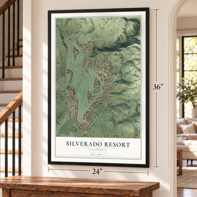 Silverado Resort, California map, 24 x 36 inch print in a black frame by a staircase