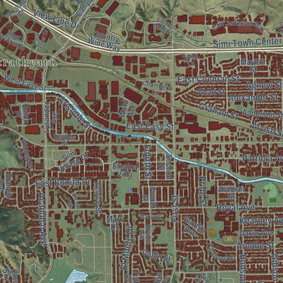 Second close-up of the map of Simi Valley, California print showing more streets and buildings