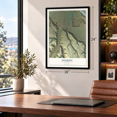 Sisquoc, California map, 18 x 24 inch print in a black frame in a home office