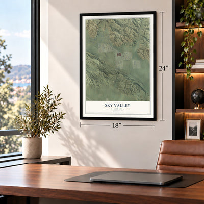 Sky Valley, California map, 18 x 24 inch print in a black frame in a home office