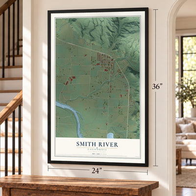 Smith River, California map, 24 x 36 inch print in a black frame by a staircase