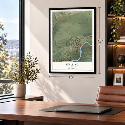 Snelling, California map, 18 x 24 inch print in a black frame in a home office