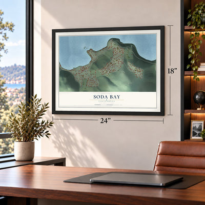 Soda Bay, California map, 18 x 24 inch print in a black frame in a home office