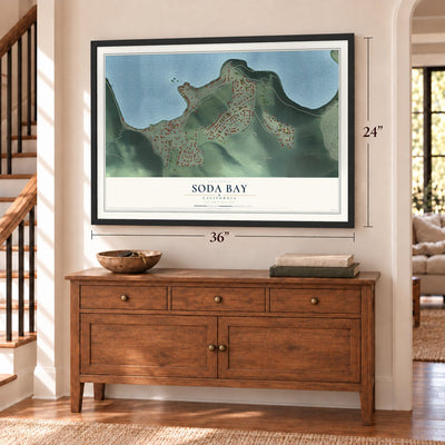 Soda Bay, California map, 24 x 36 inch print in a black frame above a dresser by a staircase