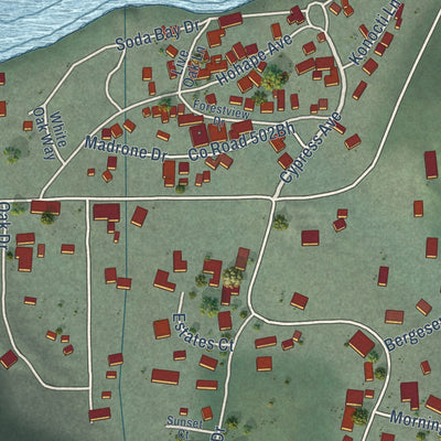 Close-up of the map of Soda Bay, California print showing street and building detail