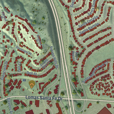 Second close-up of the map of Solana Beach, California print showing more streets and buildings