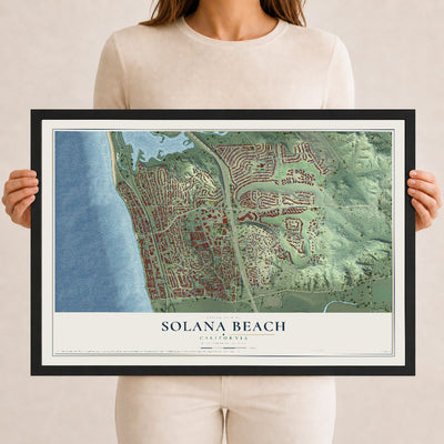 Map of Solana Beach, California, 12 x 18 inch print in a black wood frame