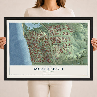 Map of Solana Beach, California, 18 x 24 inch print in a black wood frame
