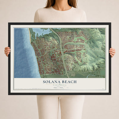 Map of Solana Beach, California, 24 x 36 inch print in a black wood frame