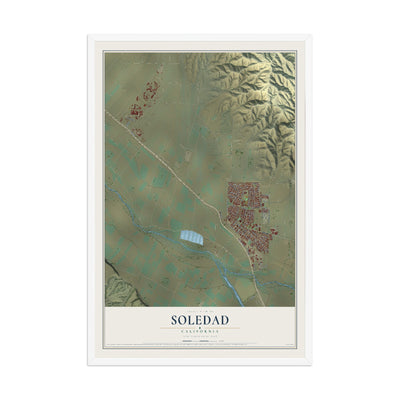Map of Soledad, California, 12 x 18 inch print in a white wood frame