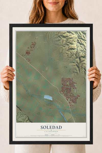 Map of Soledad, California, 18 x 24 inch print in a black wood frame