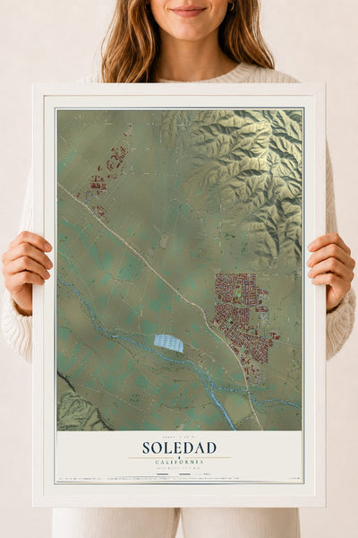 Map of Soledad, California, 18 x 24 inch print in a white wood frame