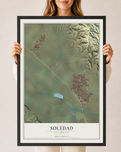 Map of Soledad, California, 24 x 36 inch print in a black wood frame