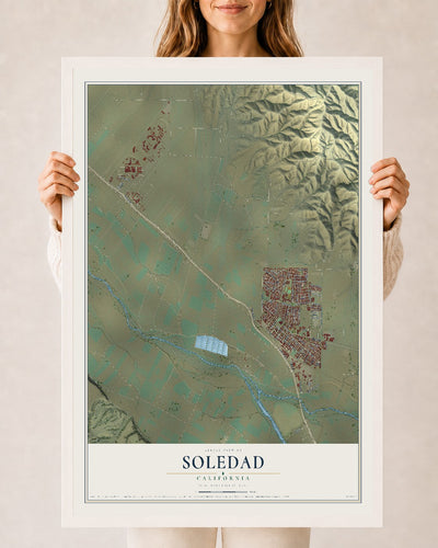 Map of Soledad, California, 24 x 36 inch print in a white wood frame