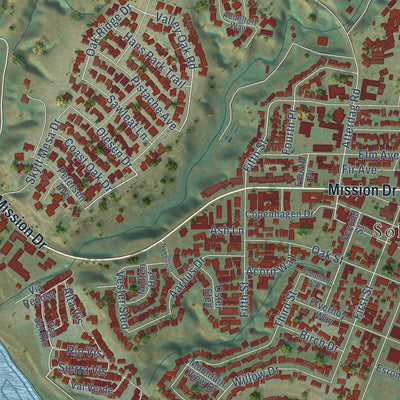 Close-up of the map of Solvang, California print showing street and building detail