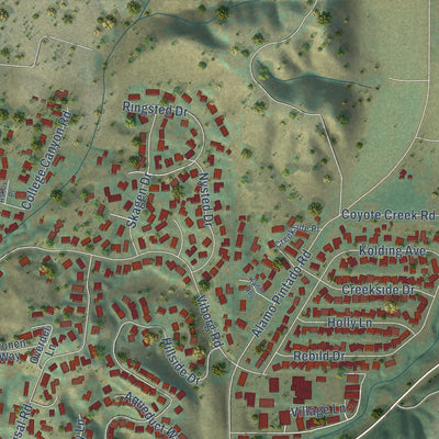 Second close-up of the map of Solvang, California print showing more streets and buildings