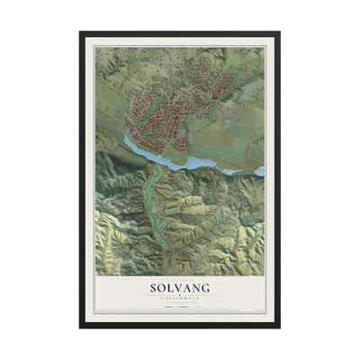 Map of Solvang, California, 12 x 18 inch print in a black wood frame