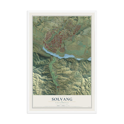 Map of Solvang, California, 12 x 18 inch print in a white wood frame