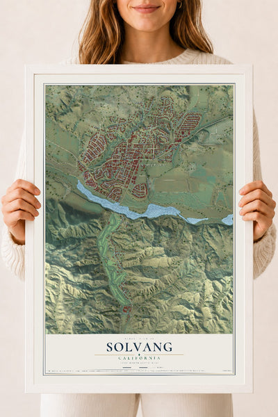 Map of Solvang, California, 18 x 24 inch print in a white wood frame