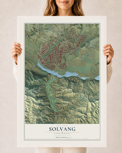 Map of Solvang, California, 24 x 36 inch print in a white wood frame