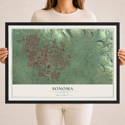 Map of Sonoma, California, 18 x 24 inch print in a black wood frame