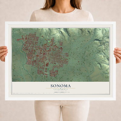 Map of Sonoma, California, 18 x 24 inch print in a white wood frame