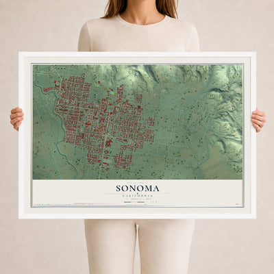 Map of Sonoma, California, 24 x 36 inch print in a white wood frame