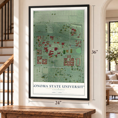 Sonoma State University, California map, 24 x 36 inch print in a black frame by a staircase