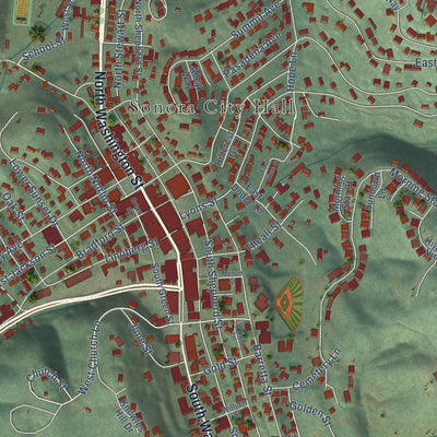 Close-up of the map of Sonora, California print showing street and building detail
