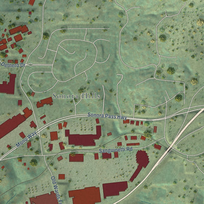 Second close-up of the map of Sonora, California print showing more streets and buildings