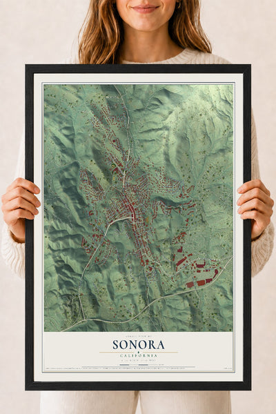 Map of Sonora, California, 18 x 24 inch print in a black wood frame