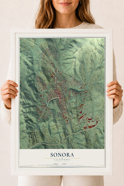 Map of Sonora, California, 18 x 24 inch print in a white wood frame