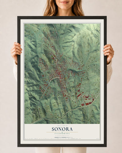 Map of Sonora, California, 24 x 36 inch print in a black wood frame