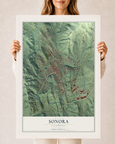 Map of Sonora, California, 24 x 36 inch print in a white wood frame