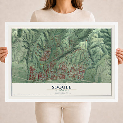 Map of Soquel, California, 18 x 24 inch print in a white wood frame