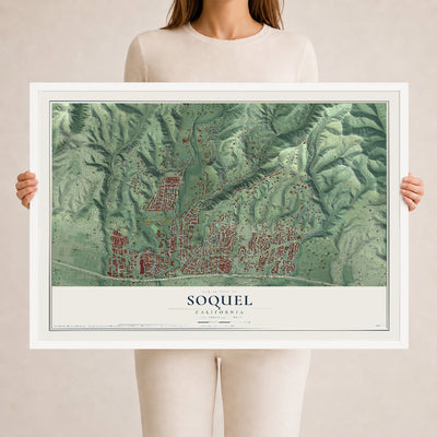 Map of Soquel, California, 24 x 36 inch print in a white wood frame