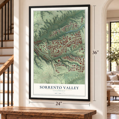 Sorrento Valley, California map, 24 x 36 inch print in a black frame by a staircase