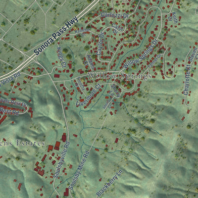Close-up of the map of Soulsbyville, California print showing street and building detail