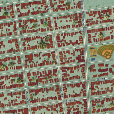 Close-up of the map of South Berkeley, California print showing street and building detail
