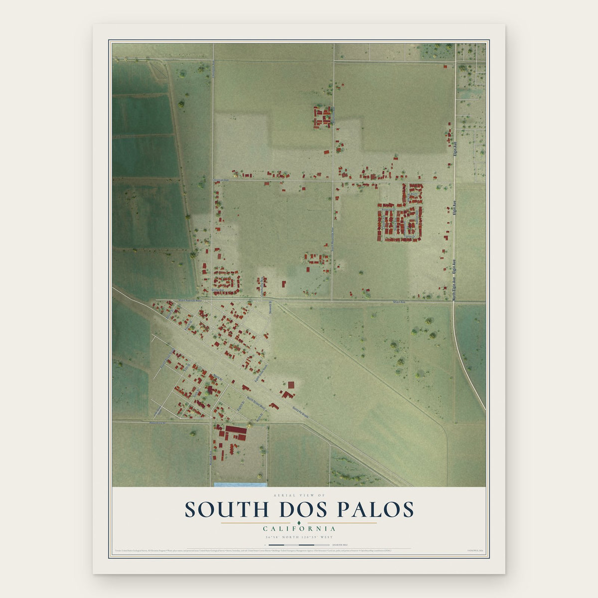 South Dos Palos, California map print, the full design
