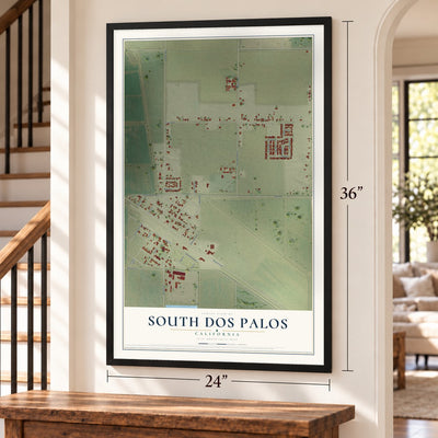 South Dos Palos, California map, 24 x 36 inch print in a black frame by a staircase