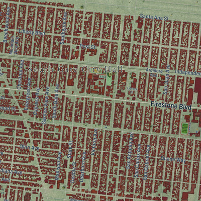 Close-up of the map of South Gate, California print showing street and building detail