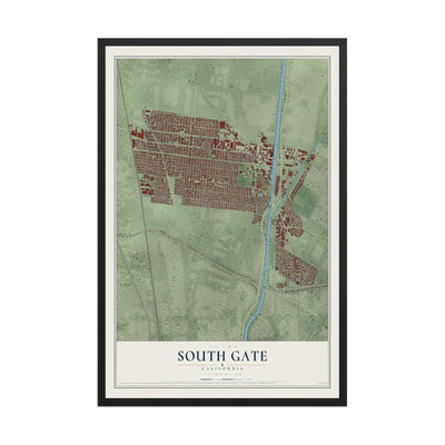 Map of South Gate, California, 12 x 18 inch print in a black wood frame