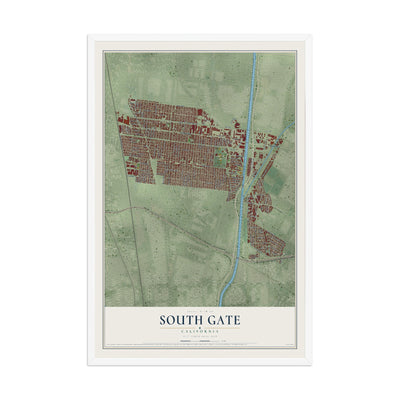 Map of South Gate, California, 12 x 18 inch print in a white wood frame