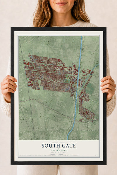 Map of South Gate, California, 18 x 24 inch print in a black wood frame